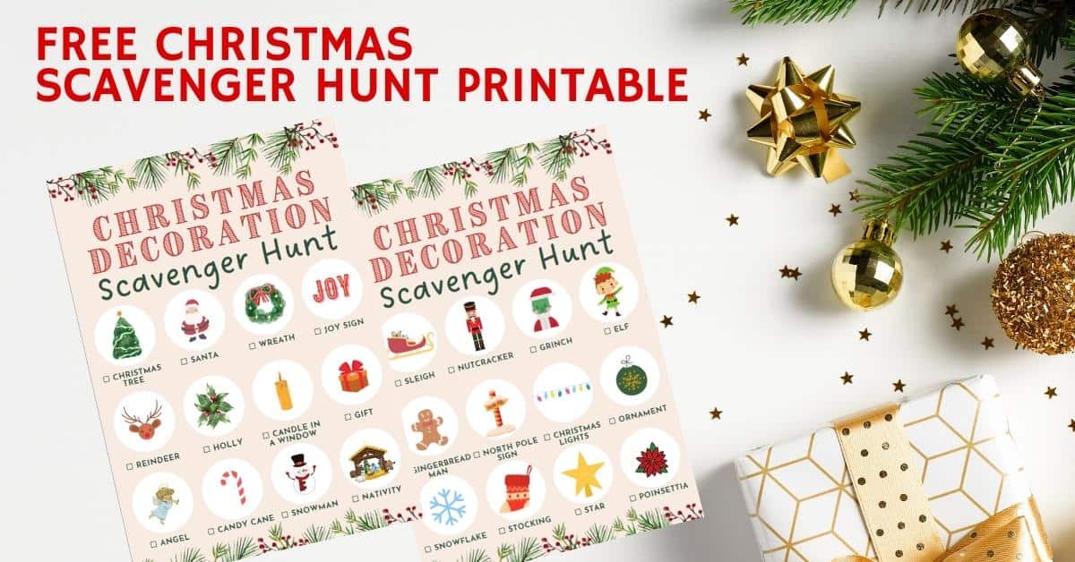 A Christmas scavenger hunt printable next to a gift, ornament, and greenery.