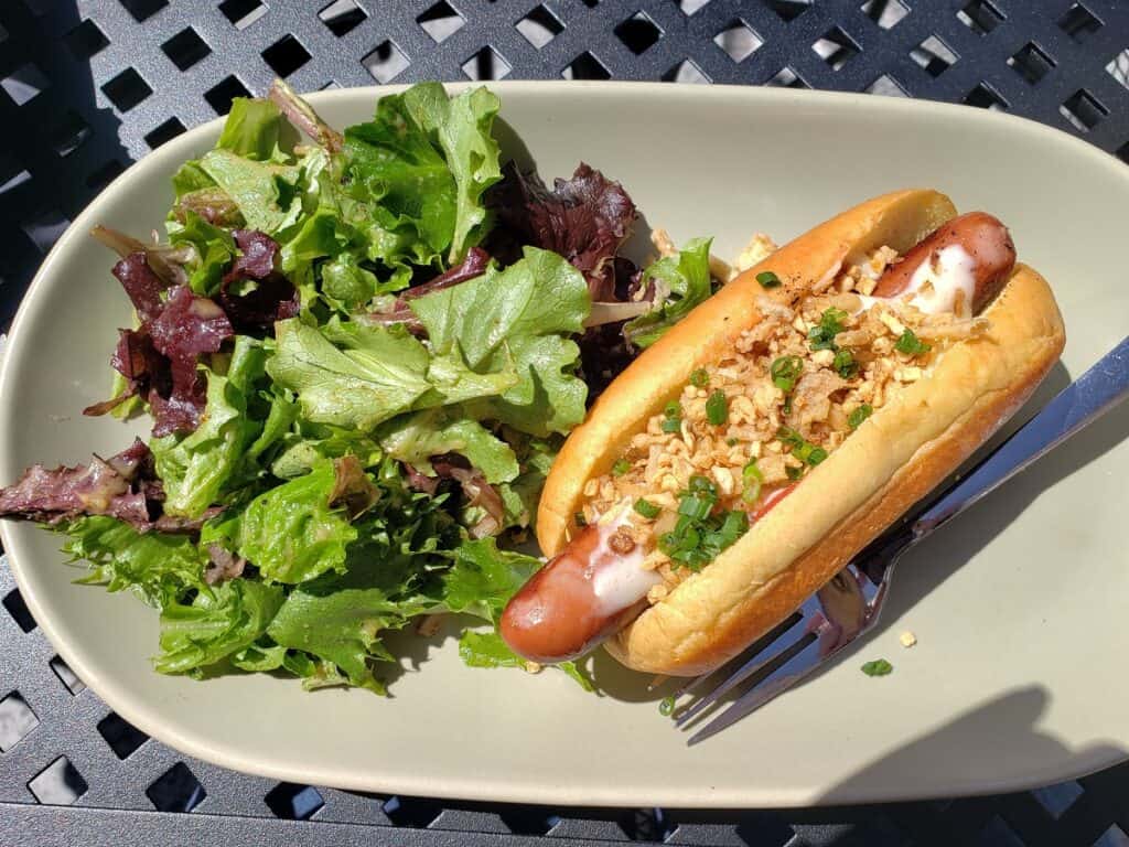 A hot dog and salad at the Wild Hare.